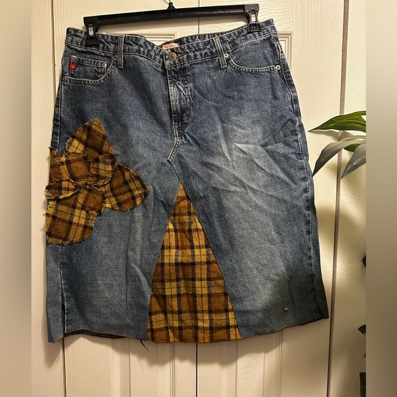 Asymmetrical Denim Skirt with Plaid Accent - Picture 1 of 2